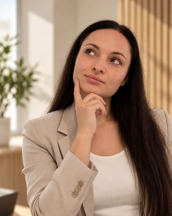 Mariia Gawruk in einem warmen Büro, nachdenklich im Gespräch