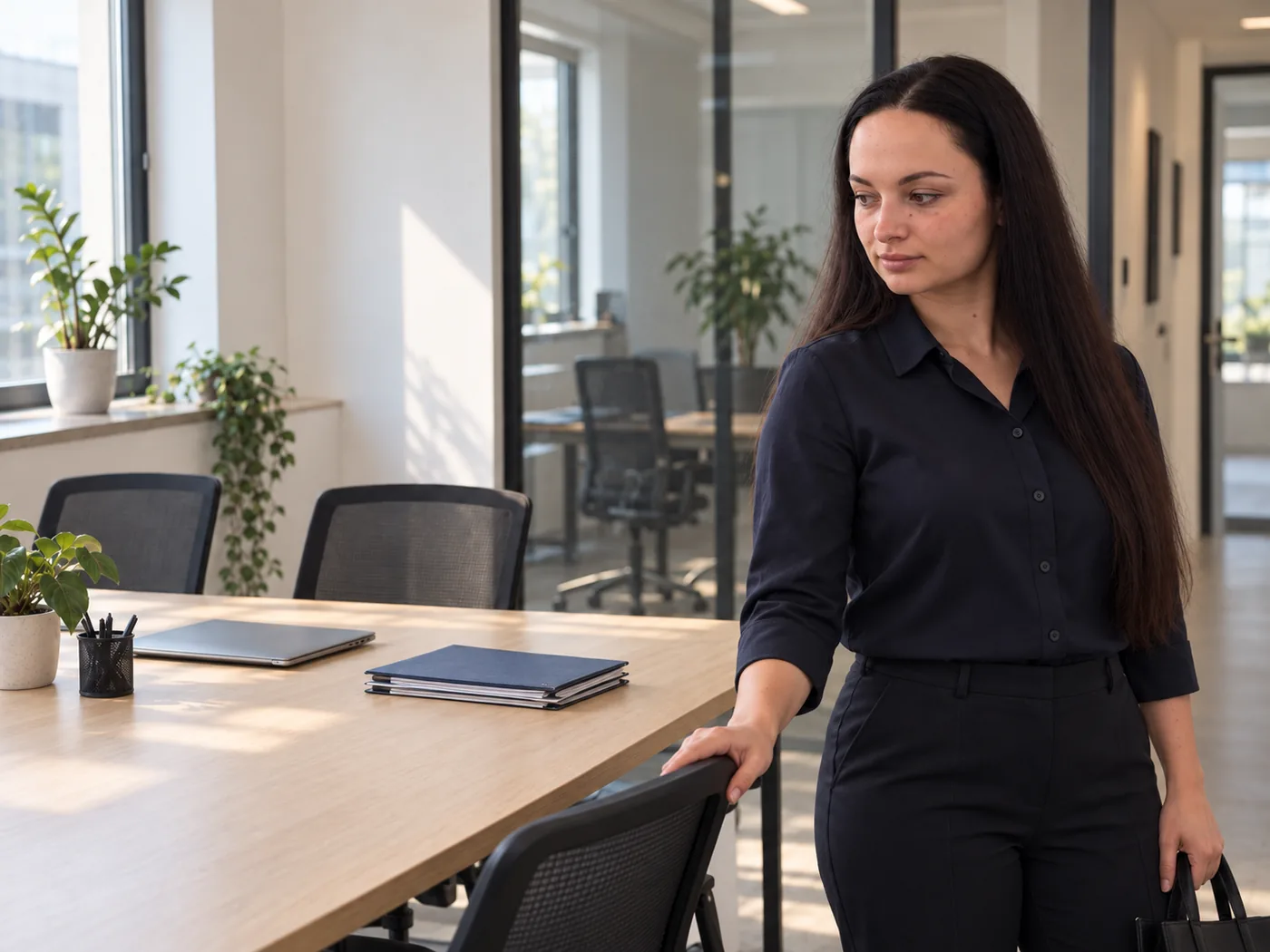 Mariia Gawruk nach der Vorbereitung eines gepflegten Besprechungsraums