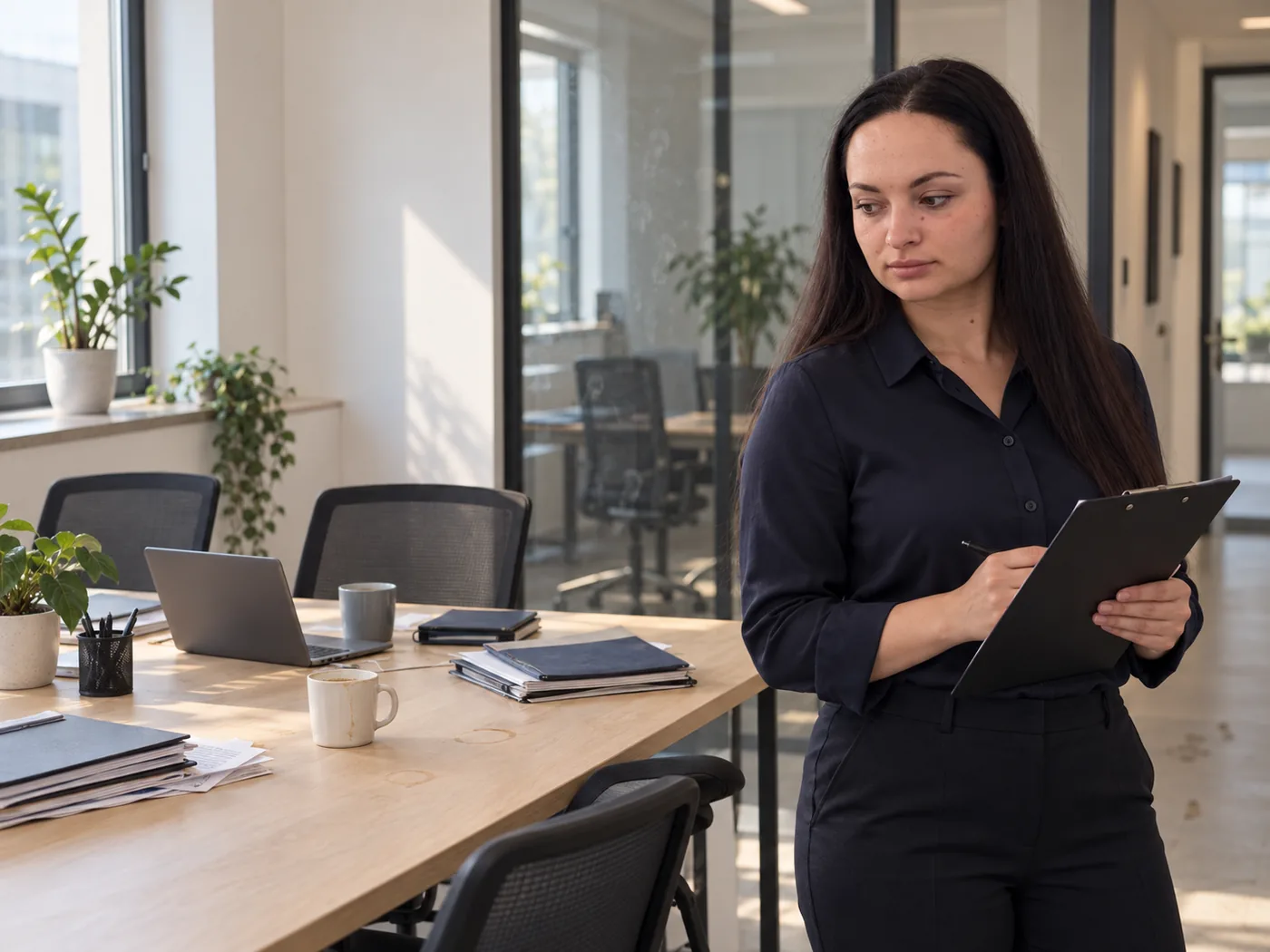 Mariia Gawruk prüft den Reinigungsumfang in einem hellen Büro